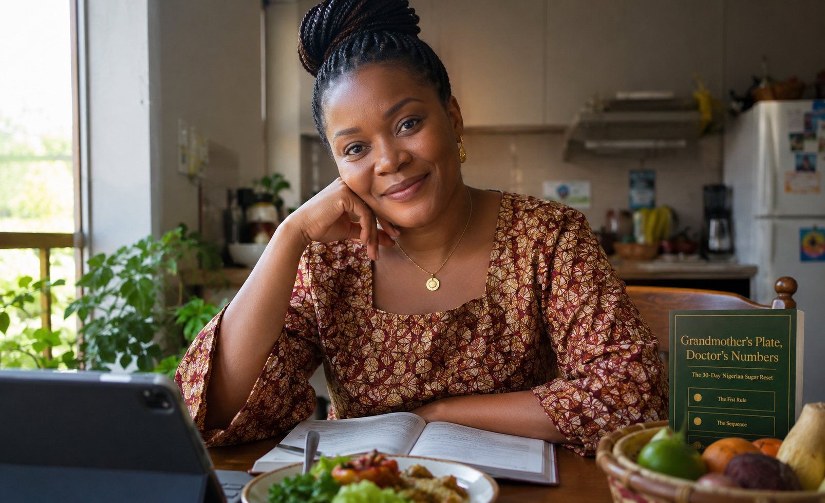 A smiling Nigerian woman standing in her kitchen, representing Amaka's story